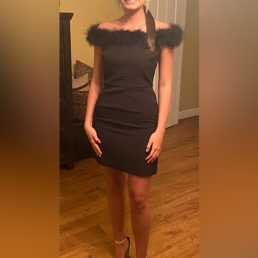 Off the shoulder feather black mini dress